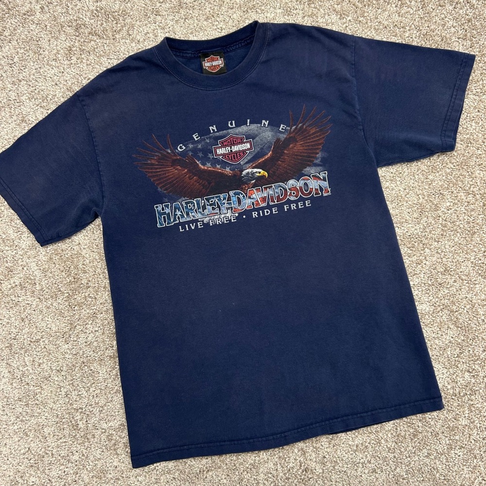 Harley Davidson Stubbs Houston, TX‎ Double Sided Tshirt Size Medium Blue Eagle